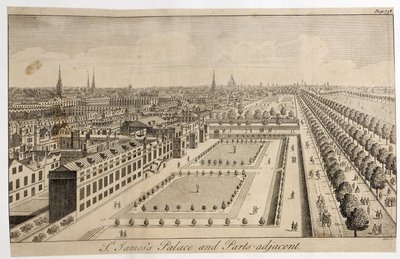 Palác svatého Jakuba a přilehlé části, vyryl William Henry Toms (asi 1700-50) od English School