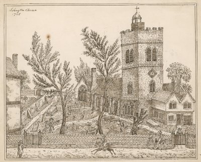 St Marys (starý kostel), Islington (inkoust na papíře) od English School