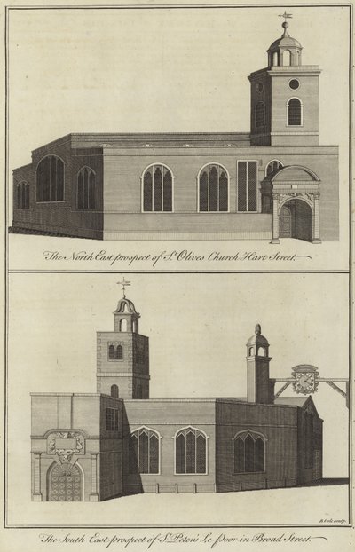 Kostel St Olave, Hart Street a kostel St Peter le Poor, Broad Street, Londýn od English School