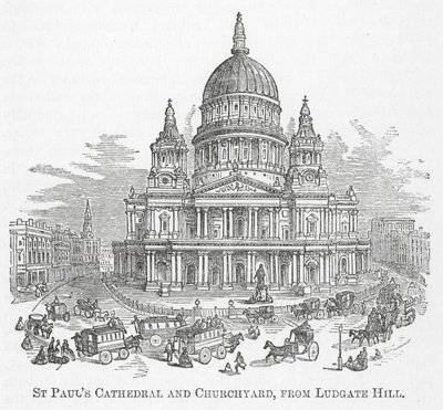 Katedrála svatého Pavla a hřbitov, z Ludgate Hill (rytina) od English School