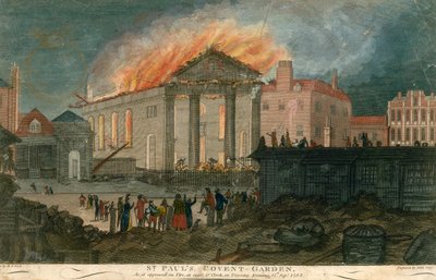 Kostel St Pauls, Covent Garden, Londýn, jak se zdálo v 8 hodin večer 17. září 1795 v plamenech od English School