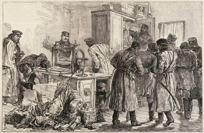 Petrohradská policie objevila nihilistickou tiskárnu, z „The Illustrated London News“, 16. dubna 1887 od English School