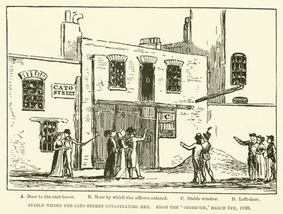 Stáj, kde se setkali Cato Street Conspirators, od Observer, 5. března 1820 (rytina) od English School