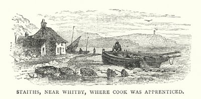 Staiths, poblíž Whitby, kde se Cook vyučil (barevné rytí) od English School