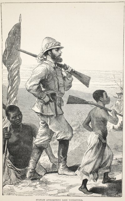 Stanley se blíží k jezeru Tanganika, ilustrace z Obrazového vydání života a objevů Davida Livingstona od J. Ewinga Richieho, vydalo nakladatelství A. Fullarton & Co., 1876. od English School