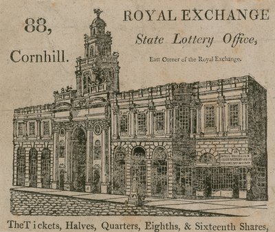 State Lottery Office, východní roh Royal Exchange, 88 Cornhill, Londýn od English School