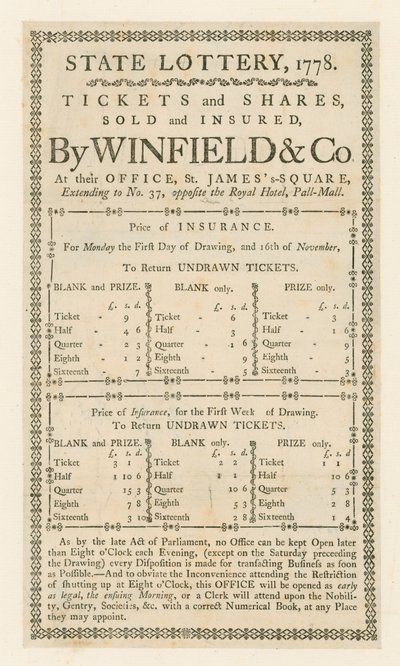 Státní loterie, 1778 od English School