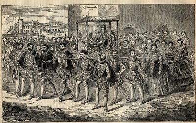 Státní pokrok královny Alžběty - královny Alžběty I. (1533-1603) se svými makléři - Charlesem, lordem Howardem z Effinghamu; George Clifford, vévoda z Cumberlandu; Thomas Butler, hrabě z Ormonde; George Talbot, 7. hrabata ze Shrewsbury; Edward Somerset, hr od English School