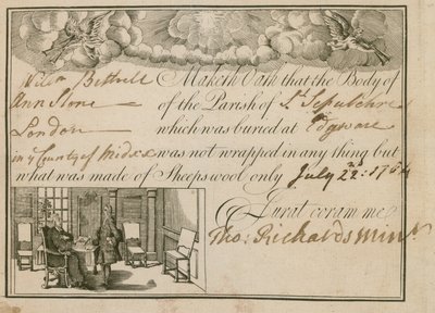 Prohlášení, že Ann Slone byla pohřbena v ovčí vlně, 1784 od English School