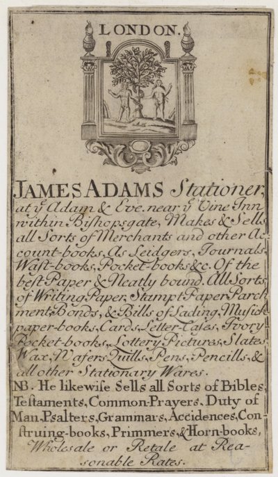 Papírnictví, Jamesi Adamsi, vizitka od English School