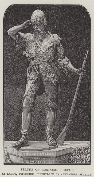 Socha Robinsona Crusoe, v Largo, Fifeshire, rodiště Alexandra Selkirka (rytina) od English School