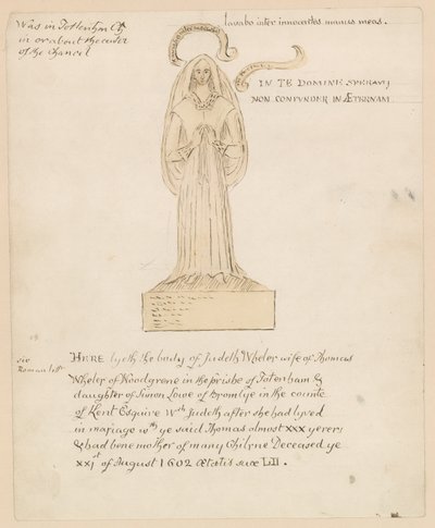Socha, hrobka Judetha Whelera, který zemřel 21. srpna 1602 (inkoust na papíře) od English School