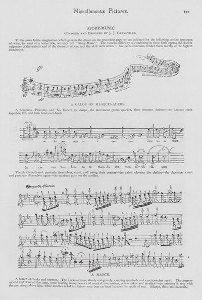 Příběhy vyprávěné v notách zobrazující noty jako lidi (rytina) od English School