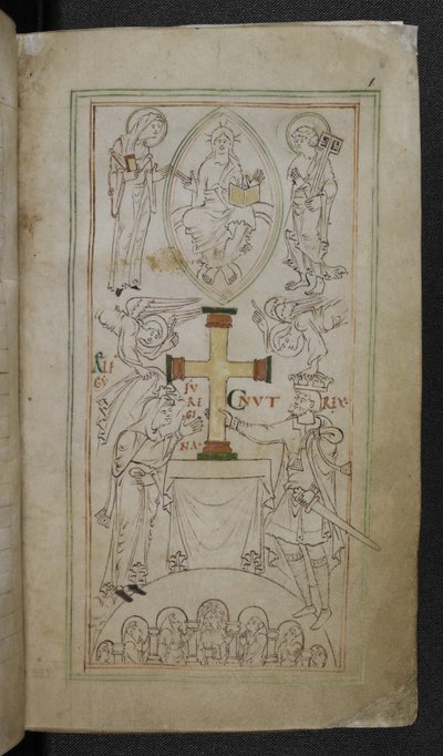 Stowe 944 f.6 Král Cnut a jeho královna, Aelfgyfu, představující kříž na oltáři Nové katedrály, 