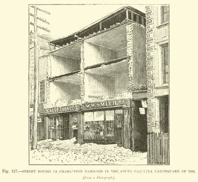 Pouliční domy v Charlestonu poškozené při zemětřesení v Jižní Karolíně v roce 1886 od English School