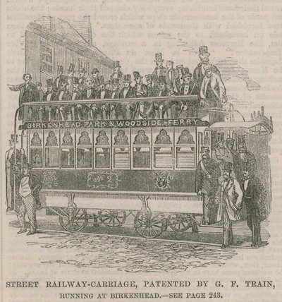 Pouliční železniční vagón, patentovaný G F Train, jezdící v Birkenhead od English School