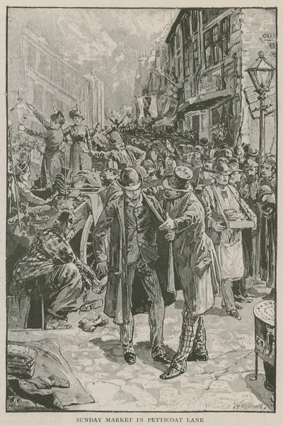 Nedělní trh v Petticoat Lane od English School