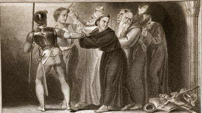 Potlačení klášterů, ilustrace od Davida Humese Historie Anglie, hospoda. od R. Bowyera, Londýn, 1812 od English School