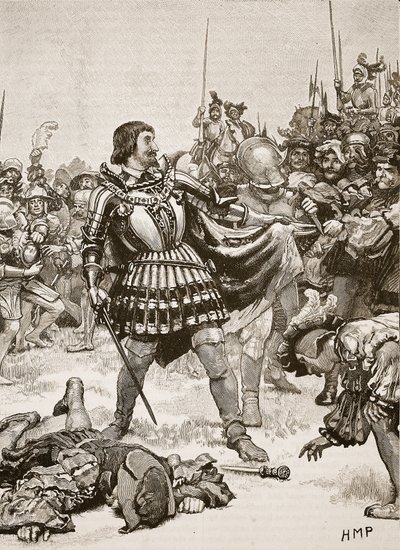 Františkova kapitulace na bitevním poli u Pavie, ilustrace z Cassells Illustrated History of England (sépiová fotografie) od English School