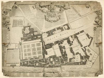 Průzkum a půdorys královského paláce Whitehall, 1680, s ubytováním a apartmány patřícími jejich Veličenstvu od English School