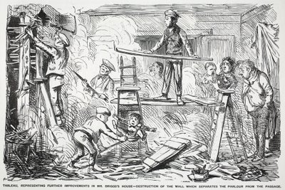 Tableau, představující další vylepšení domu pana Briggse - zničení zdi, která odděluje salon od průchodu, ilustrace z Punch od English School