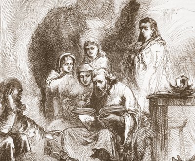 Táborité uctívání v jeskyni, ilustrace z Historie protestantismu od Jamese Aitkena Wylie (1808-1890), hospoda. 1878 od English School