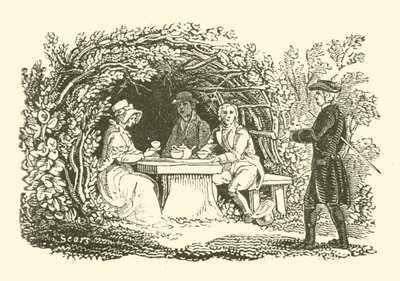 Pití čaje na zahradě (dřevořez) od English School