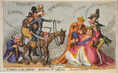 Die Zähmung der Widerspenstigen: Katharina und Petruchio; Der moderne Quixotte, oder was du willst, 1791 (handkolorierte Radierung) von English School