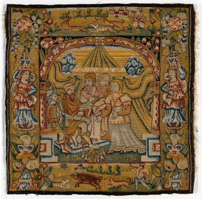 Gobelínový povlak na polštář zobrazující Susannah před soudcem, vyrobený v Sheldonu, Anglie, po roce 1600 (vlna) od English School