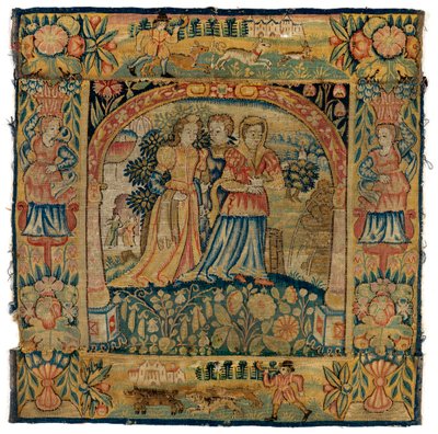 Gobelínový povlak na polštář zobrazující Susannah na cestě do koupele, vyrobený v Sheldonu v Anglii, po roce 1600 (vlna) od English School