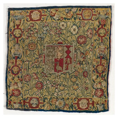 Gobelínový povlak na polštář zobrazující Arms of Sacheverell, vyrobený v Sheldonu, Anglie, po roce 1600 (vlna a hedvábí) od English School