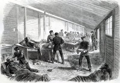 Dočasná polní nemocnice za druhou pruskou paralelou v Dueppel, 1864 od English School