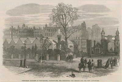 Dočasná budova na New Square, Lincolns Inn, pro vystavení návrhů nových právních soudů od English School