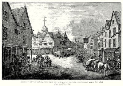 Tetbury Market-Place se starou tržnicí (nyní zničenou), postavenou roku 1655 (rytina) od English School