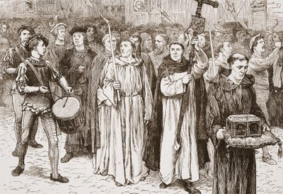 Tetzels Procession, ilustrace z Historie protestantismu od Jamese Aitkena Wylie (1808-1890), hospoda. 1878 od English School
