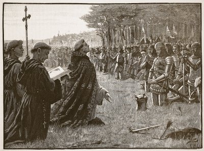 Díkůvzdání anglické armády po bitvě u Agincourtu, 25. října 1415, ilustrace z Cassells Illustrated History of England (sépiová fotografie) od English School