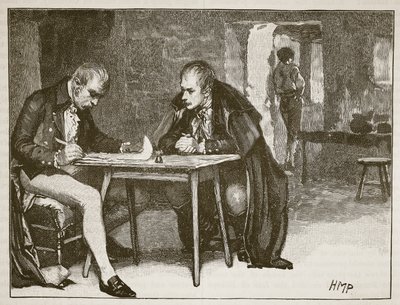 Zástupci Británie a Švédska při podpisu smlouvy proti Napoleonovi, ilustrace z knihy Cassells Illustrated History of England (sépiová fotografie) od English School