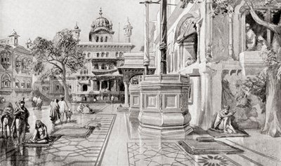 Akal Takht nebo Akal Bunga, komplex Harmandir Sahib (Zlatý chrám), Amritsar, Paňdžáb, Indie v roce 1864, z Hutchinsonovy Historie národů, vyd. 1915. od English School