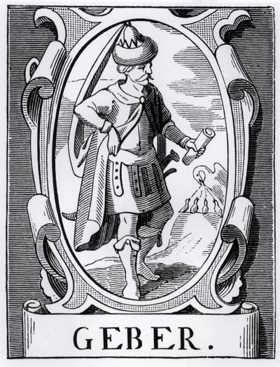Alchymista Geber (14. století) ilustrace z Vědy a literatury ve středověku a renesanci, napsal a vyryl Paul Lacroix, 1878 od English School