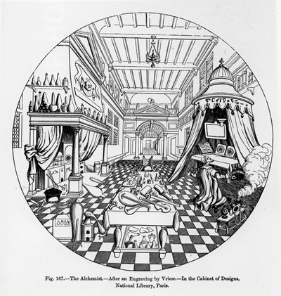 Alchymista, podle rytiny od Vriese, ilustrace z Vědy a literatury ve středověku a renesanci, napsal a vyryl Paul Lacroix, 1878 od English School