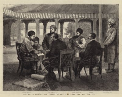 The Ameer podepisuje mírovou smlouvu v Gandamaku, 26. května 1879 (rytina) od English School