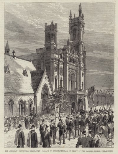 Americká oslava stého výročí, průvod templářských rytířů před zednářským chrámem, Philadelphia (rytina) od English School
