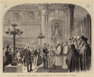 Anglikánský svatební obřad v Alexandrově sále Zimního paláce, Petrohrad (rytina) od English School
