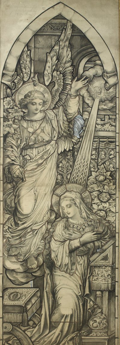 The Annunciation, workshop Heaton, Butler & Bayne, c.1900 (černá pastelka a wc zvýrazněné bílou) od English School