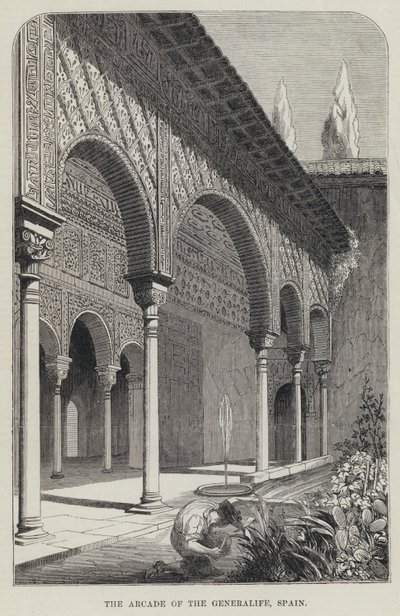 Arcade of the Generalife, Španělsko (rytina) od English School