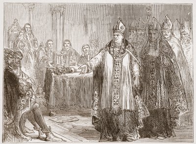 Arcibiskupové z Yorku a Canterbury před parlamentem ve Westminsterském opatství, ilustrace z Historie protestantismu od Jamese Aitkena Wylie (1808-1890), hospoda. 1878 od English School
