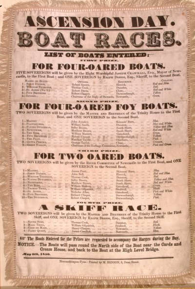 Program závodu lodí na Den Nanebevstoupení Páně, 6. května 1850 (hedvábí) od English School