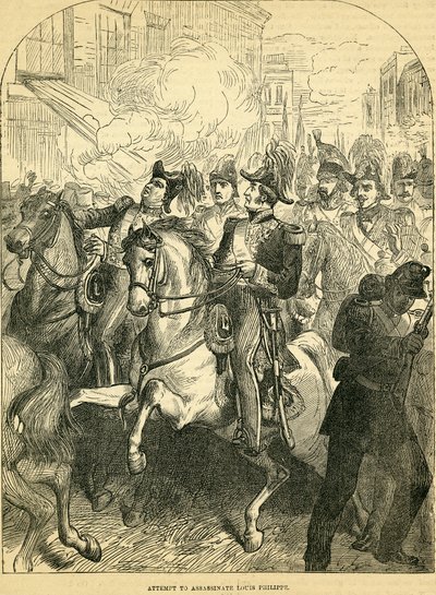 Pokus o atentát na francouzského krále Ludvíka Filipa, ilustrace převzata z Cassells Illustrated History of England, 18571858 od English School
