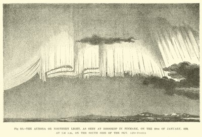 Aurora nebo Northern Light, jak je vidět na Bossokop ve Finmarku, 19. ledna 1839, v 19:40, na jižní straně oblohy od English School
