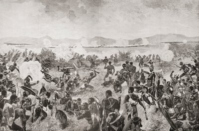 Bitva u Ulundi v roce 1879 ukazující poslední nápor Zuluů a britského náměstí v dálce, z 